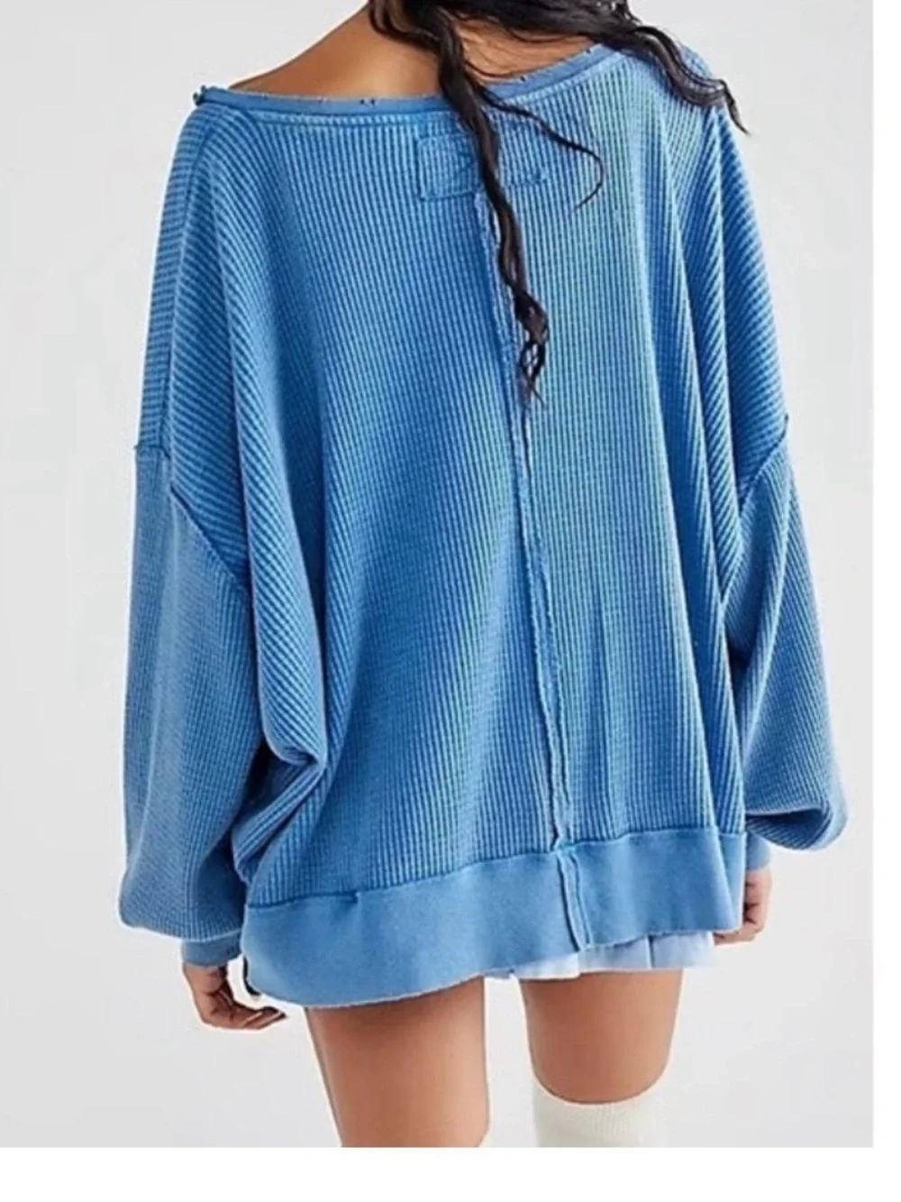 We The Free Blue Waffle Knit Oversized Boho Hipster Long Sleeve Top - Picture 2 of 8